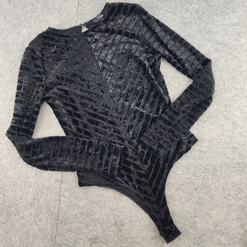 Lulus Black Burnout Velvet Striped Long Sleeve Bodysuit Womens Size Medium